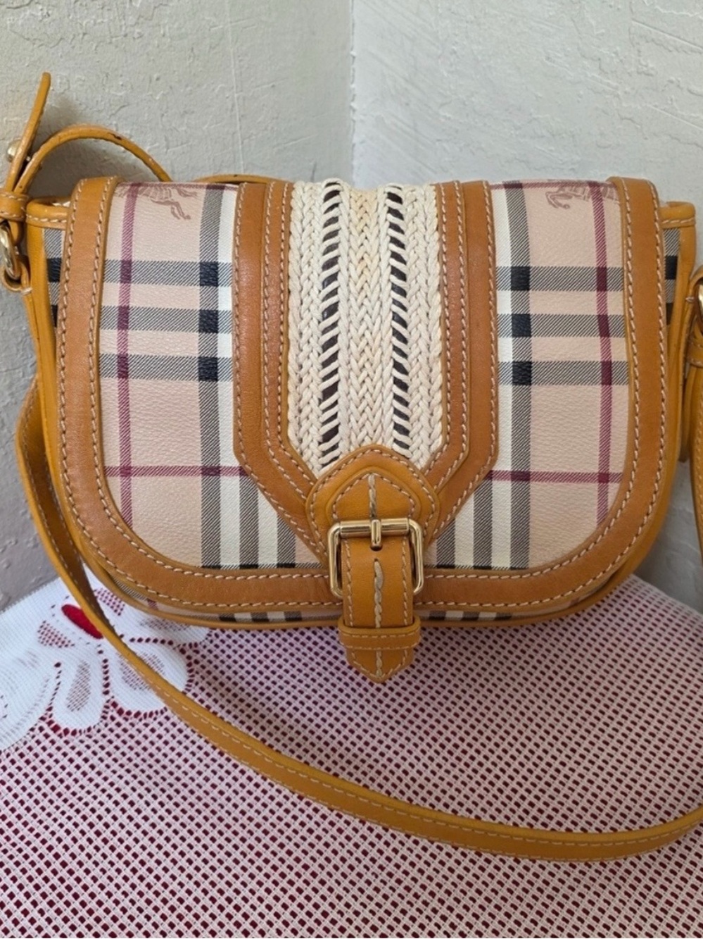 Burberry NOVA checkered/Plaid Crossbody Bag with Braided Accent